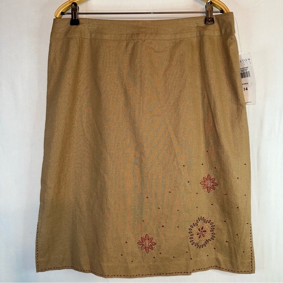 Norton Studio Skirt Women's 14 Tan Mykonos Linen Blend Embroidered Cognac A-Line - Picture 2 of 12